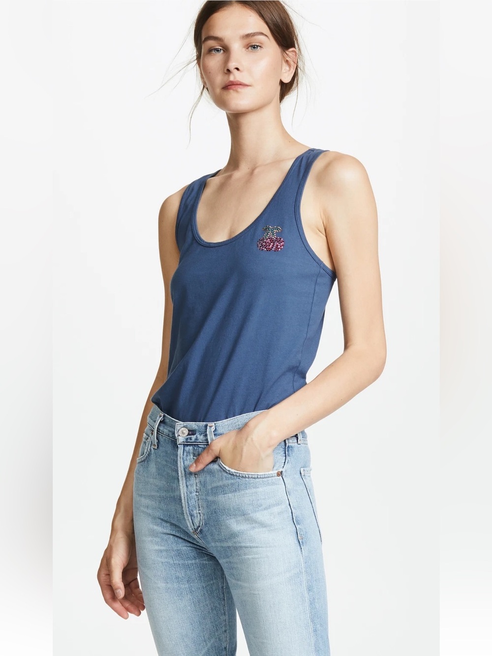 Pam & Gela Women's Navy Racerback Tank with cherry embellishment